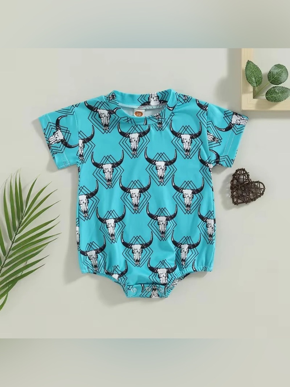 Unisex Turquoise Cow Skull Western Bodysuit Snap Polyester